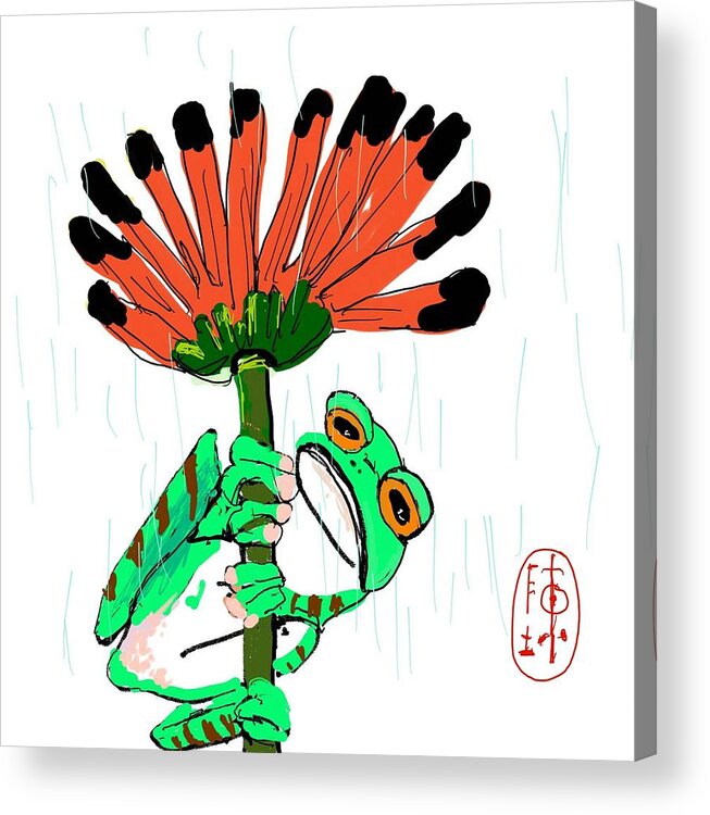 Frog. Flower. Frow. Rain Acrylic Print featuring the painting Frowning Frog by Debbi Saccomanno Chan