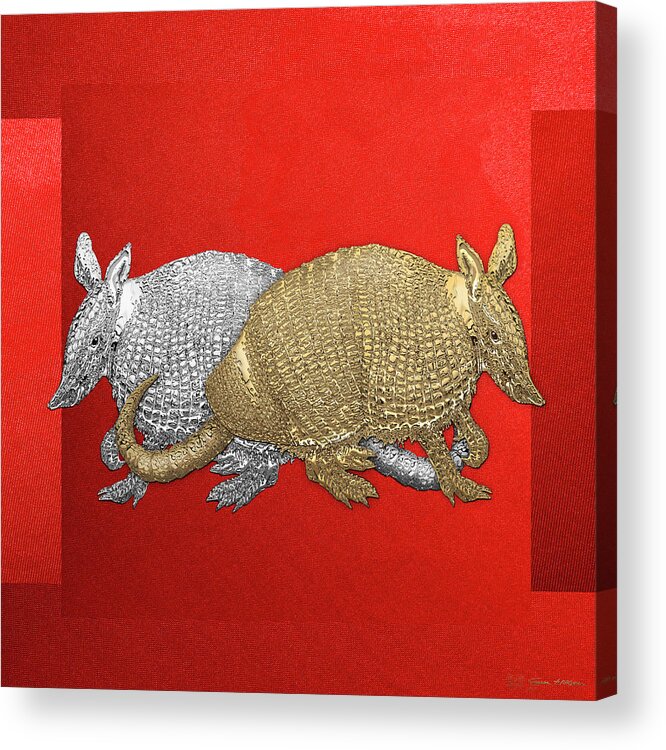'beasts Creatures And Critters' Collection By Serge Averbukh Acrylic Print featuring the digital art Gold and Silver Armadillo on Red Canvas by Serge Averbukh