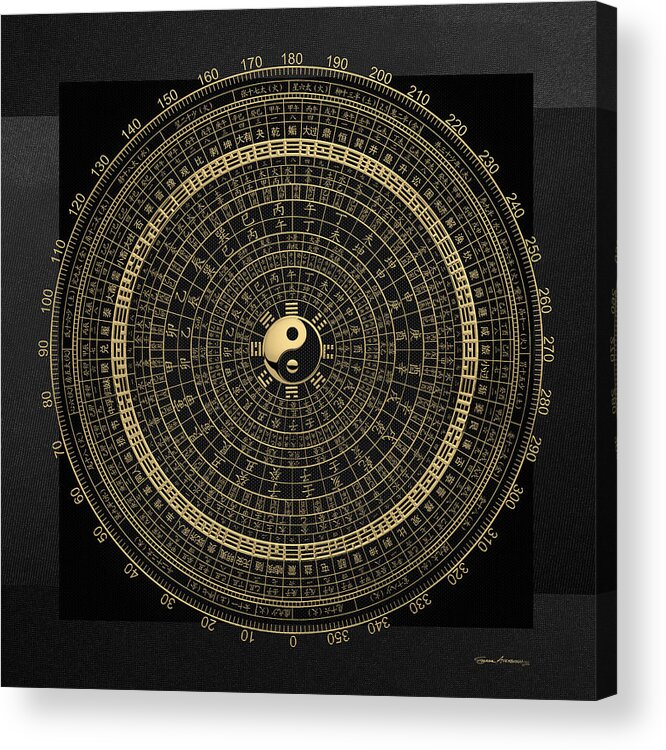 ‘treasures Of China’ Collection By Serge Averbukh Acrylic Print featuring the digital art Gold Feng Shui Compass - Geomantic Compass Luopan over Black Canvas by Serge Averbukh