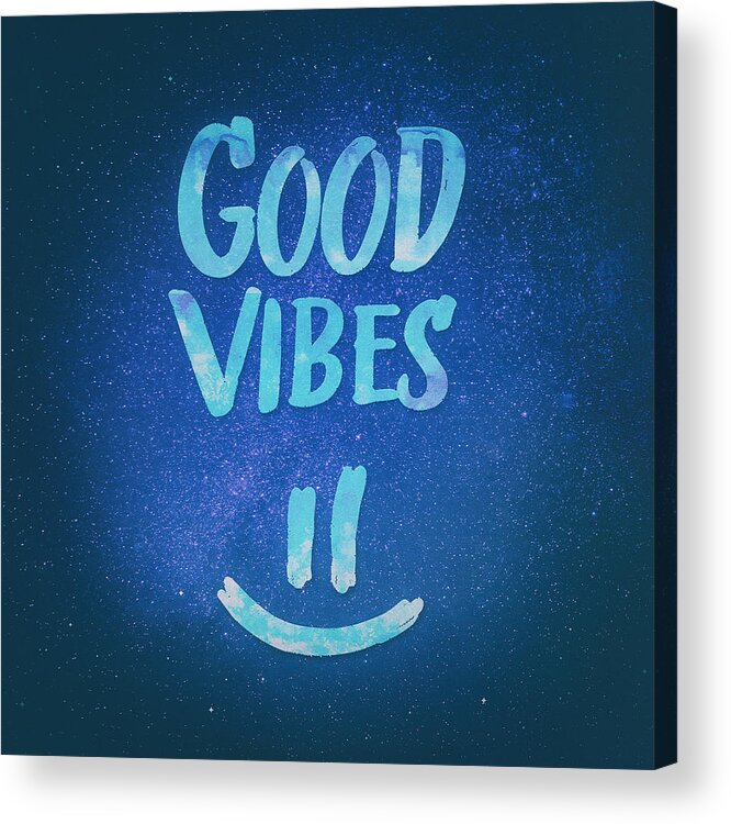 Good Vibes Acrylic Print featuring the digital art Good Vibes Funny Smiley Statement Happy Face Blue Stars Edit by Philipp Rietz