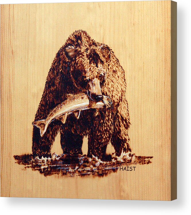  Acrylic Print featuring the pyrography Grizzly 3 Pillow/bag by Ron Haist