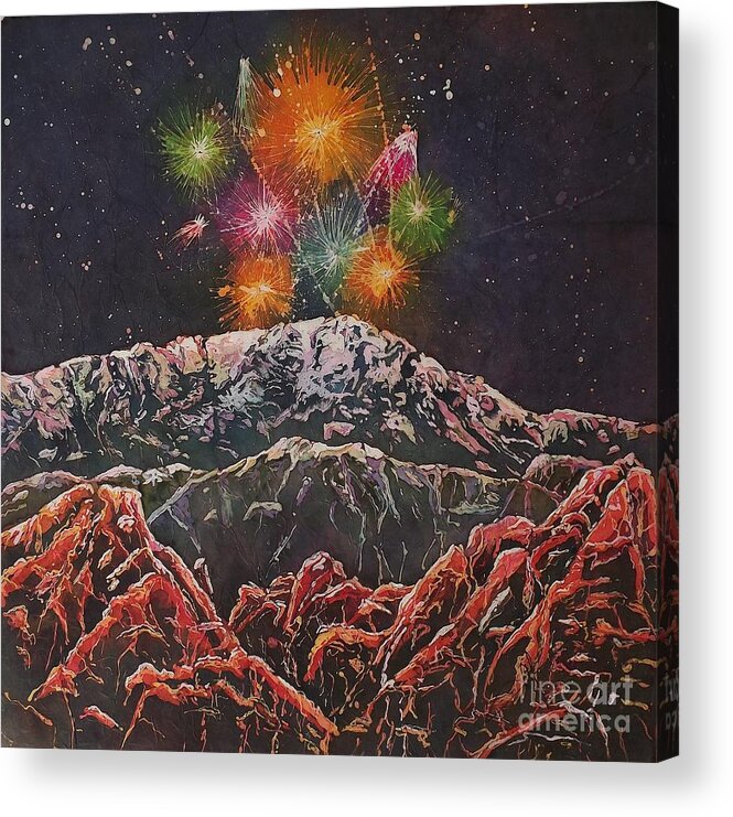 Fireworks Acrylic Print featuring the mixed media Happy New Year From America's Mountain by Carol Losinski Naylor