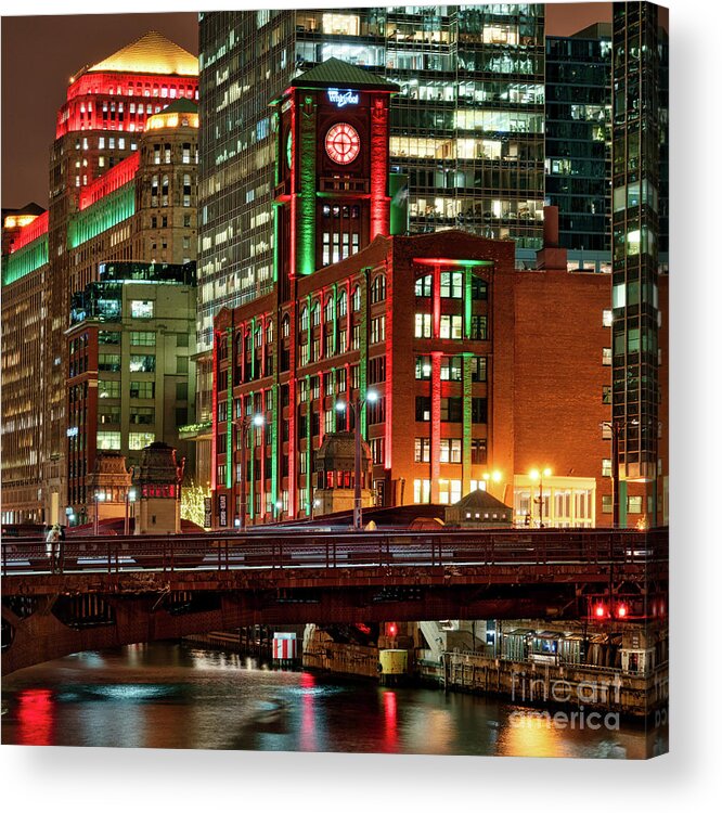 Chicago Acrylic Print featuring the photograph Holiday colors along Chicago River by Izet Kapetanovic