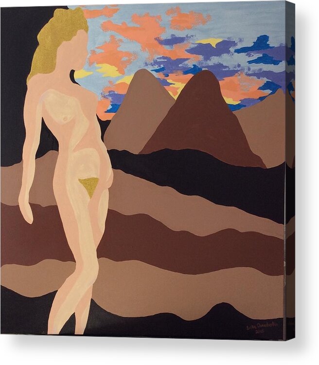 Woman Nude Mountains Future Past Light Darkness Horizon Sky Clouds Earth Acrylic Print featuring the painting Horizon by Erika Jean Chamberlin