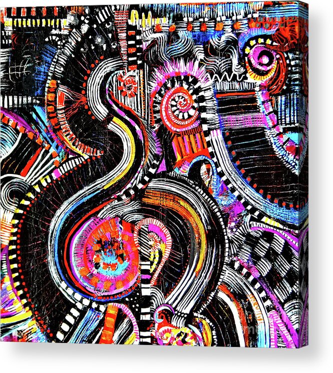 Channeling My Inner Aboriginal Artist .this Amusement Park Ride Of An Abstract Grabs Your Attention As Your Brain Attempts To Make Sense Of What It Sees .give Up Now .its All Just For Fun .black Dominate Hot Colors Accent Throughout. Acrylic Print featuring the painting I'll cross that bridge when i come to it by Priscilla Batzell Expressionist Art Studio Gallery