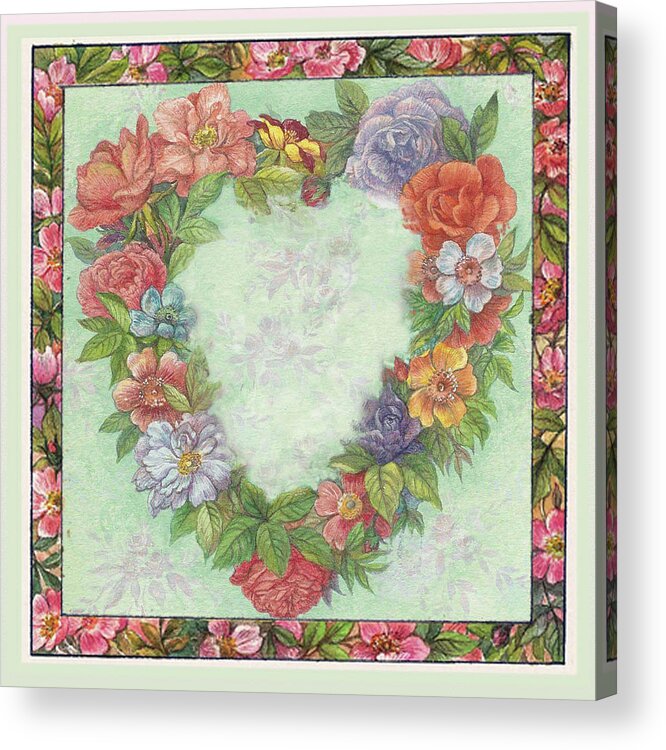Painted Roses Acrylic Print featuring the painting Illustrated Heart Wreath by Judith Cheng