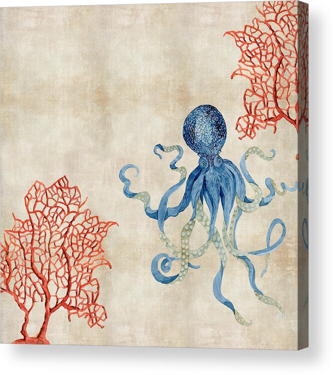 Octopus Acrylic Print featuring the painting Indigo Ocean - Octopus Floating Amid Red Fan Coral by Audrey Jeanne Roberts