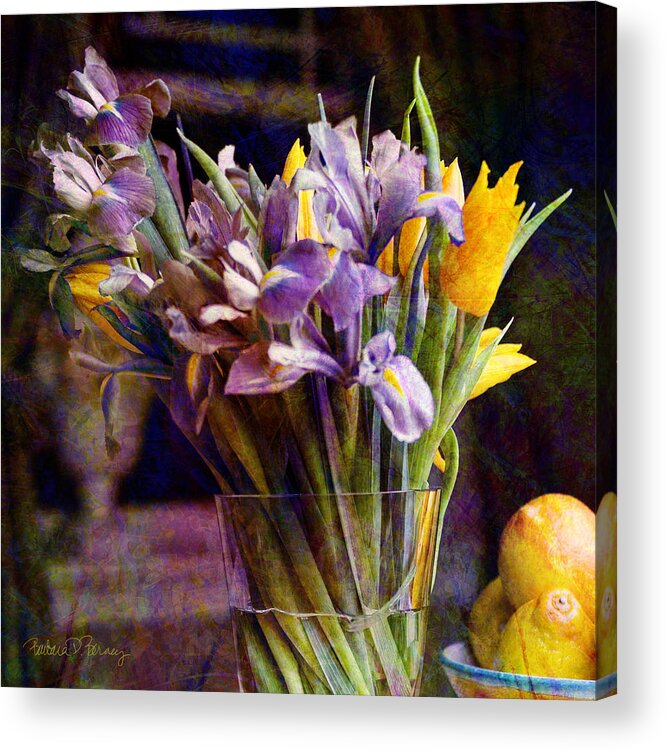 Purple Acrylic Print featuring the digital art Irises in a Glass by Barbara Berney