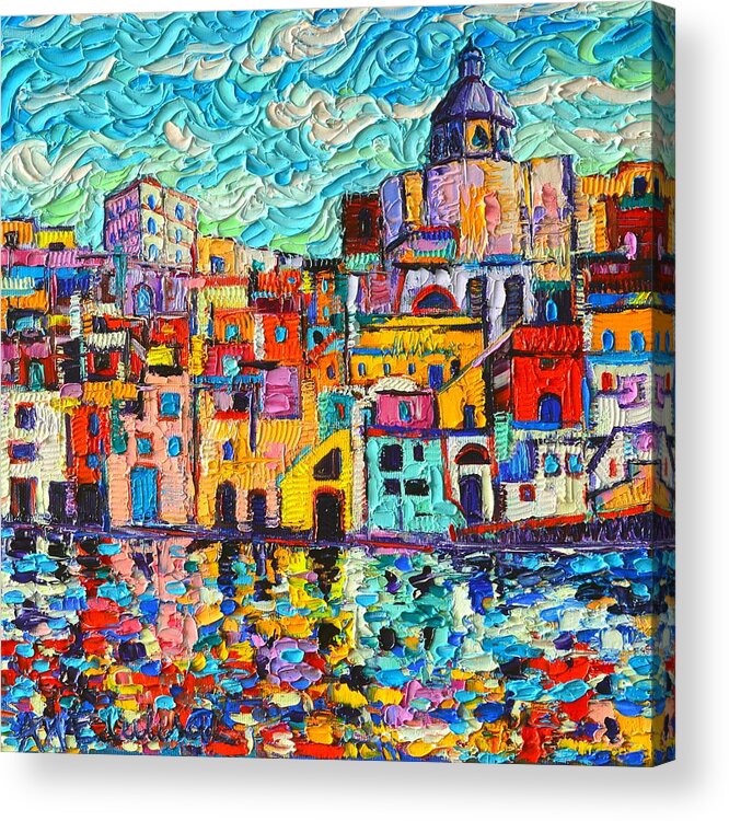 Procida Acrylic Print featuring the painting Italy Procida Island Marina Corricella Naples Bay Palette Knife Oil Painting By Ana Maria Edulescu by Ana Maria Edulescu
