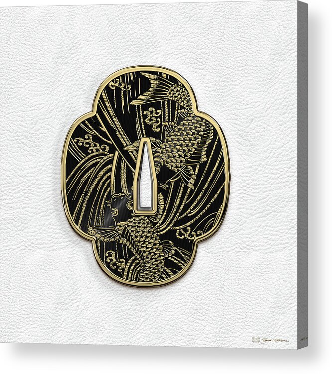 'treasures Of Japan' Collection By Serge Averbukh Acrylic Print featuring the digital art Japanese Katana Tsuba - Golden Twin Koi on Black Steel over White Leather by Serge Averbukh