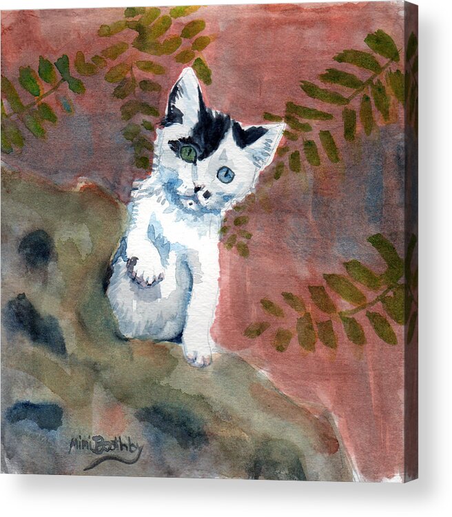 A Sweet Little Odd-eyed White Kitten Rescued In Syria By Alaa Acrylic Print featuring the painting Junior by Mimi Boothby