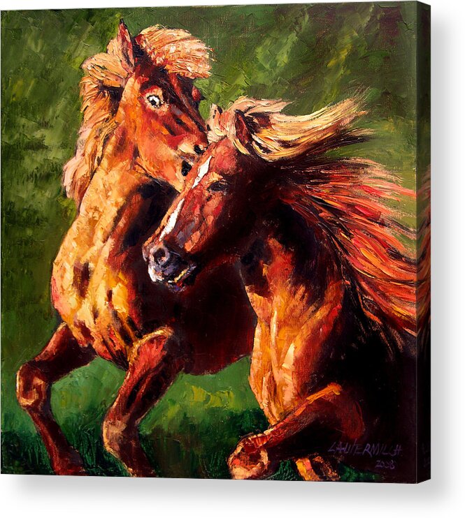Horses Running Acrylic Print featuring the painting Kiss on the Run by John Lautermilch