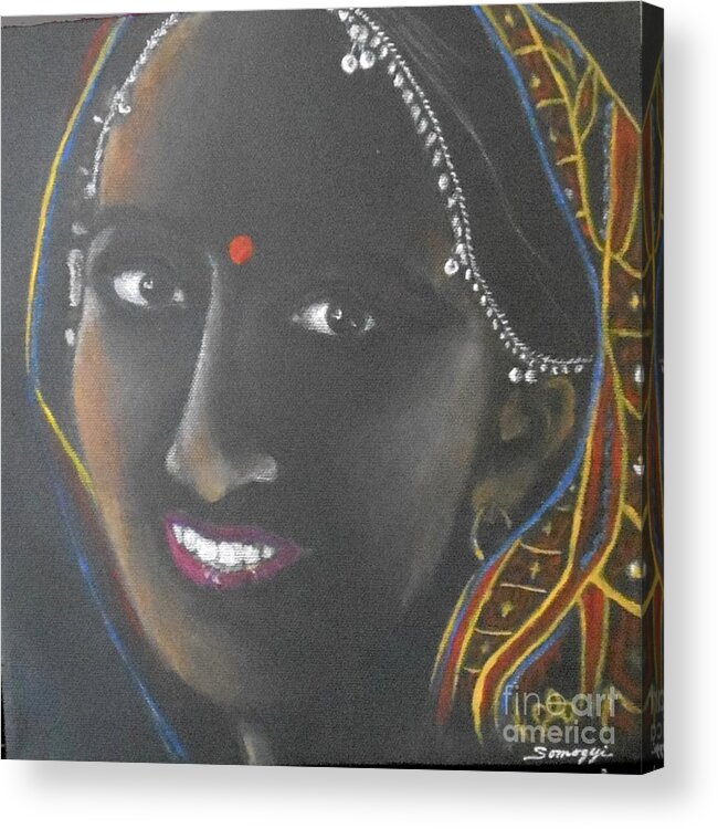 Bindi Acrylic Print featuring the drawing Kumkuma -- Close-up Portrait of Indian Woman by Jayne Somogy