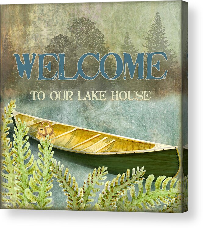 Welcome Acrylic Print featuring the painting Lakeside Lodge - Welcome Sign by Audrey Jeanne Roberts