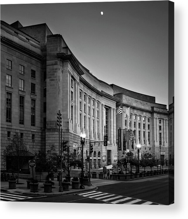 Ronald Reagan Building Acrylic Print featuring the photograph Late Evening At the Ronald Reagan Building In Black and White by Greg and Chrystal Mimbs