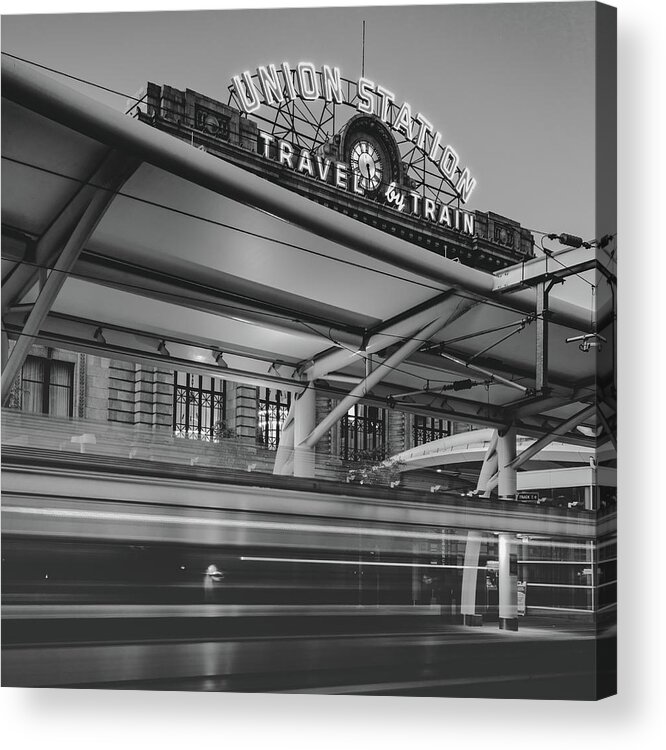 America Acrylic Print featuring the photograph Leaving Union Station - Denver Colorado - BW Square Format by Gregory Ballos