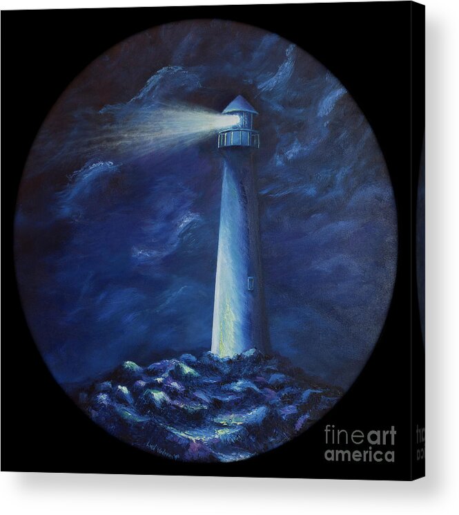 Bright Light Acrylic Print featuring the painting Lighthouse on Round Canvas by Liesl Walsh
