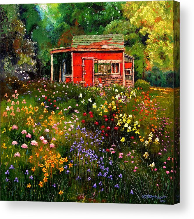 Flower Garden Acrylic Print featuring the painting Little Red Flower Shed by John Lautermilch
