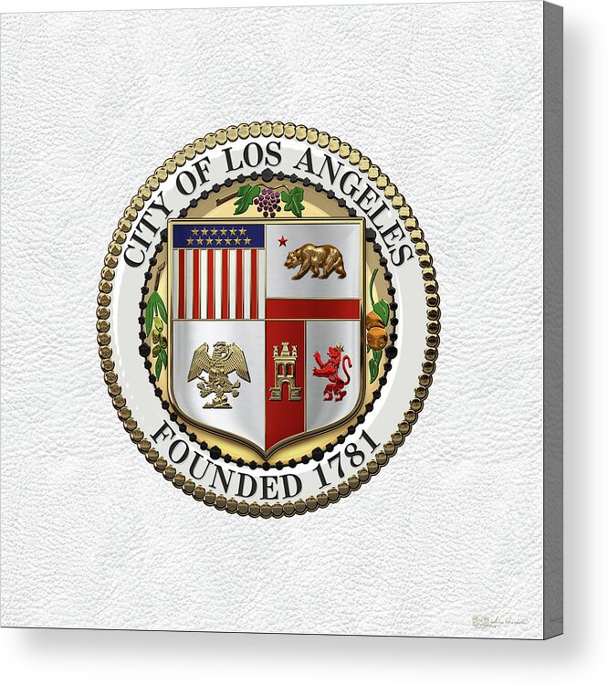 'cities Of The World' Collection By Serge Averbukh Acrylic Print featuring the digital art Los Angeles City Seal over White Leather by Serge Averbukh