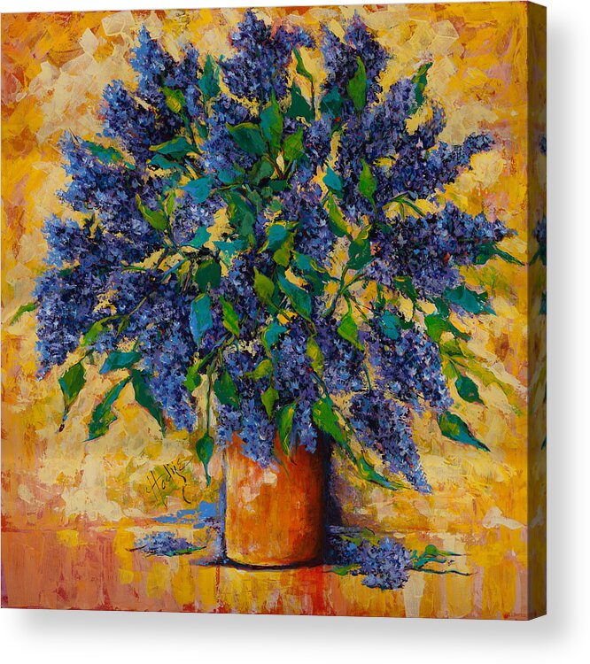 Lavender Lilacs In Orange Container Acrylic Print featuring the painting Lovely Lilacs by Mary DuCharme