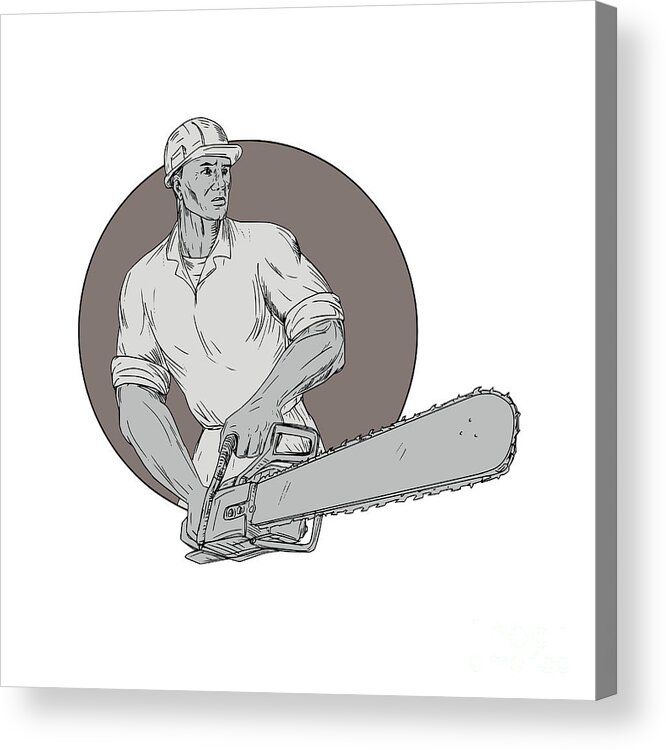 Drawing Acrylic Print featuring the digital art Lumberjack Arborist Holding Chainsaw Oval Drawing by Aloysius Patrimonio