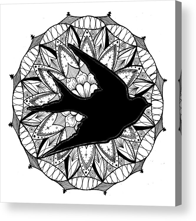 Mandala Acrylic Print featuring the drawing Mandala #11 - Dove in Flight by Eseret Art