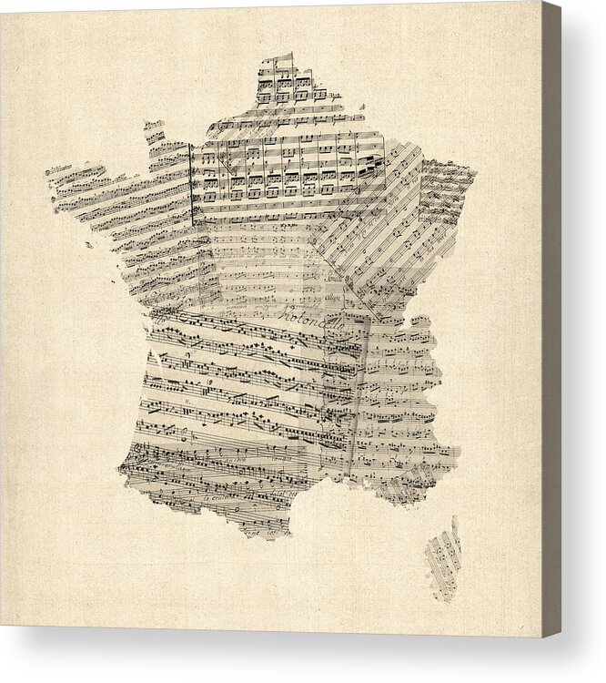 France Map Acrylic Print featuring the digital art Map of France Old Sheet Music Map by Michael Tompsett