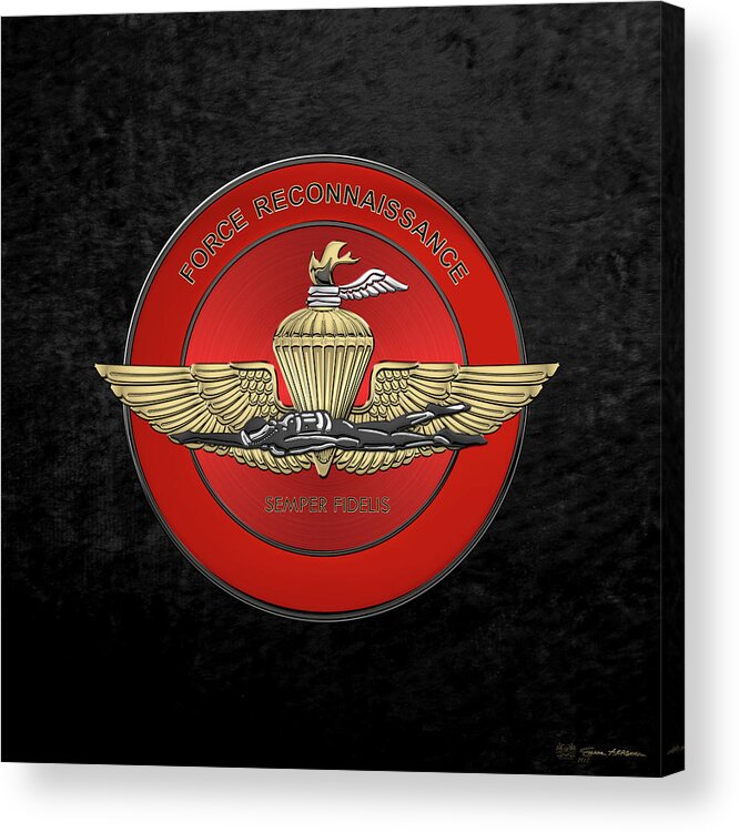 'military Insignia & Heraldry' Collection By Serge Averbukh Acrylic Print featuring the digital art Marine Force Reconnaissance - U S M C  F O R E C O N Insignia over Black Velvet by Serge Averbukh