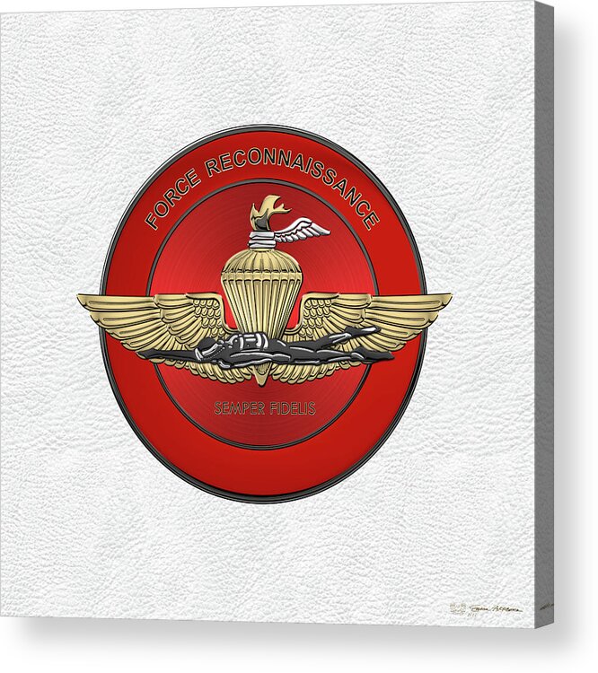 'military Insignia & Heraldry' Collection By Serge Averbukh Acrylic Print featuring the digital art Marine Force Reconnaissance - U S M C  F O R E C O N Insignia over White Leather by Serge Averbukh