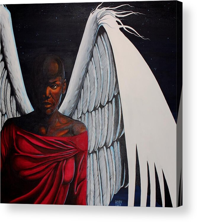 African American Female Angel In Red With White Wings Acrylic Print featuring the painting Meditation by William Roby