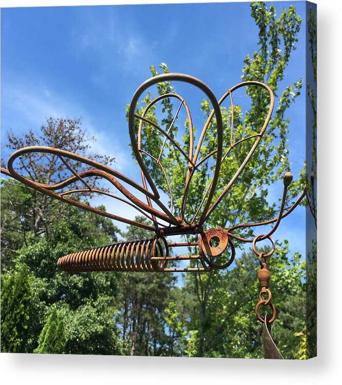 Photograph Butterfly Print Acrylic Print featuring the photograph Metal dragonfly against the sky by Dottie Visker