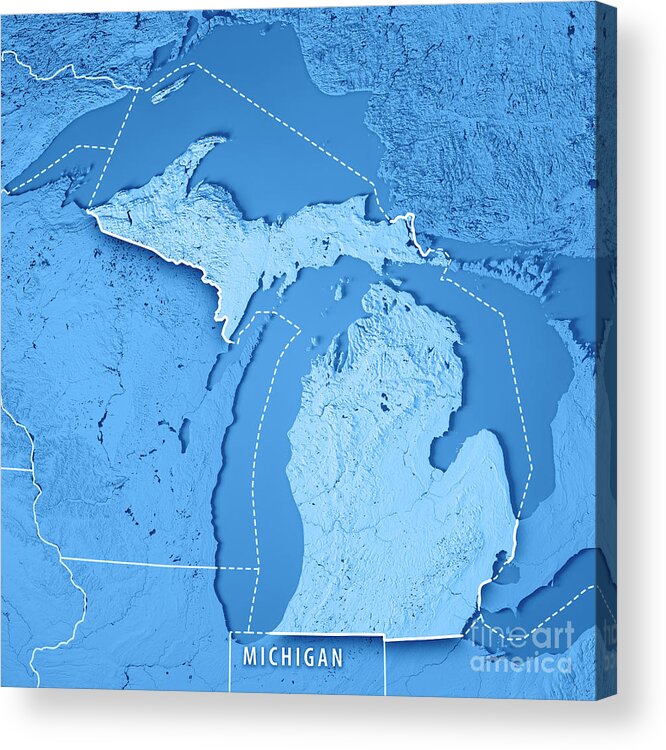 Michigan Acrylic Print featuring the digital art Michigan State USA 3D Render Topographic Map Blue Border by Frank Ramspott