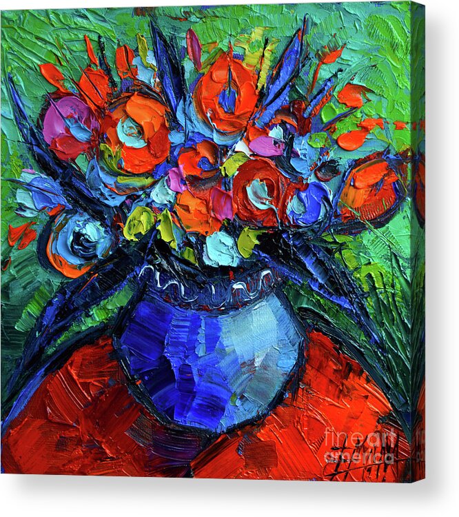 Mini Floral On Red Round Table Acrylic Print featuring the painting Mini Floral on Red Round Table by Mona Edulesco