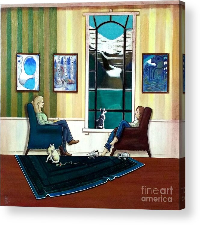 John Lyes Acrylic Print featuring the painting Mom and Daughter Sitting in Chairs with Sphynxes by John Lyes