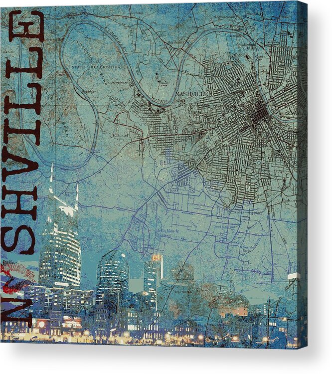 Brandi Fitzgerald Acrylic Print featuring the digital art Nashville Skyline Map by Brandi Fitzgerald