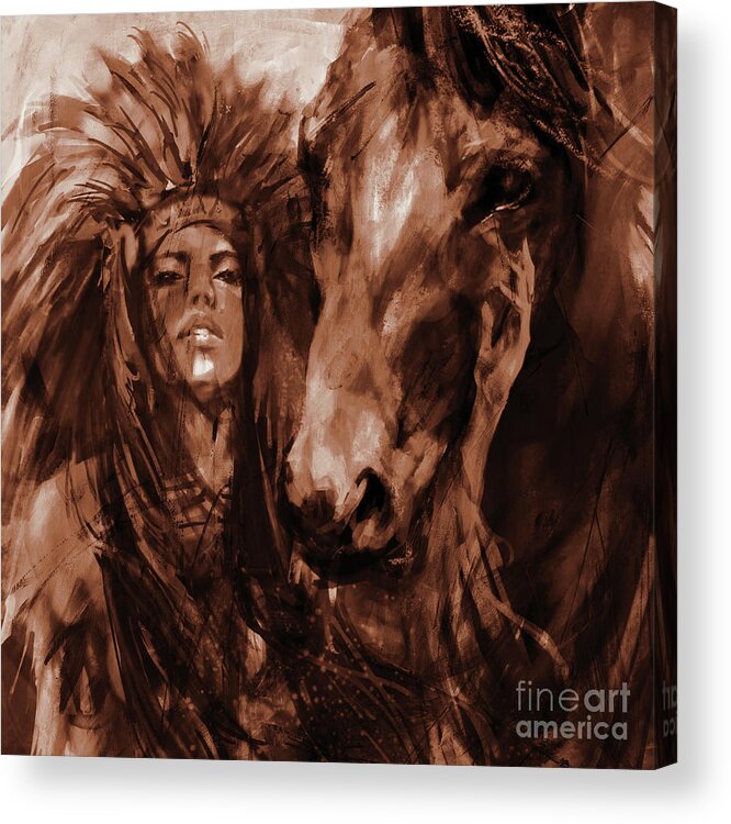 Native American Acrylic Print featuring the painting Native Woman with Horse by Gull G