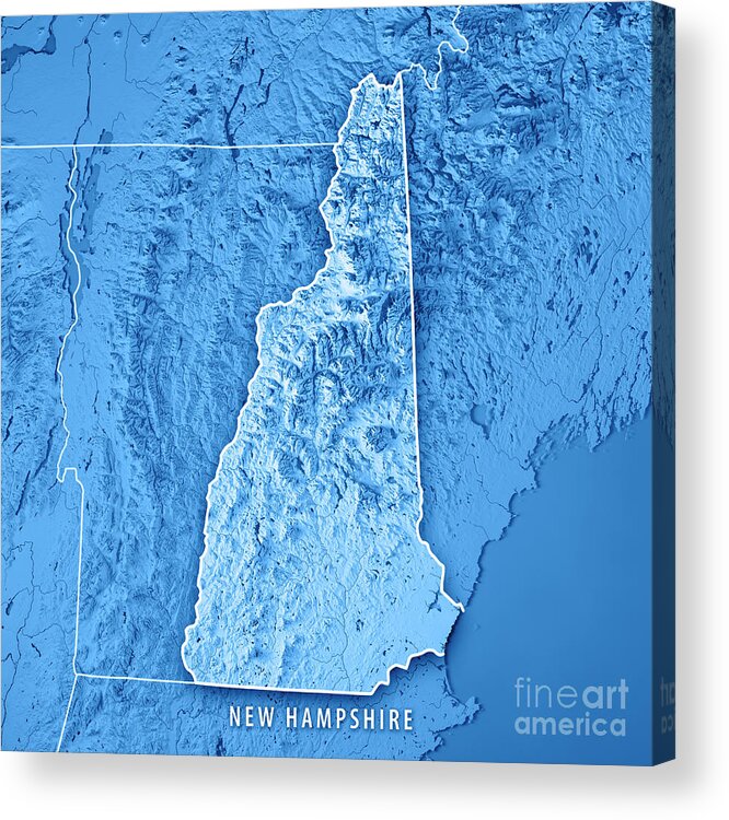 New Hampshire Acrylic Print featuring the digital art New Hampshire State USA 3D Render Topographic Map Blue Border by Frank Ramspott