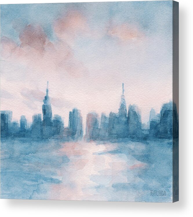 New York Acrylic Print featuring the painting New York City Skyline Coral and Aqua by Beverly Brown Prints