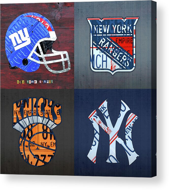 New York Acrylic Print featuring the mixed media New York Sports Team License Plate Art Giants Rangers Knicks Yankees by Design Turnpike