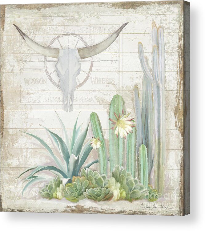 Longhorn Cow Skull Acrylic Print featuring the painting Old West Cactus Garden w Longhorn Cow Skull n Succulents over Wood by Audrey Jeanne Roberts