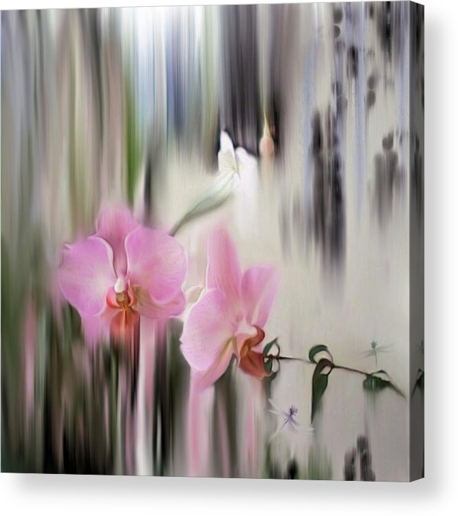 Orchids Acrylic Print featuring the digital art Orchids with dragonflies by Sand And Chi
