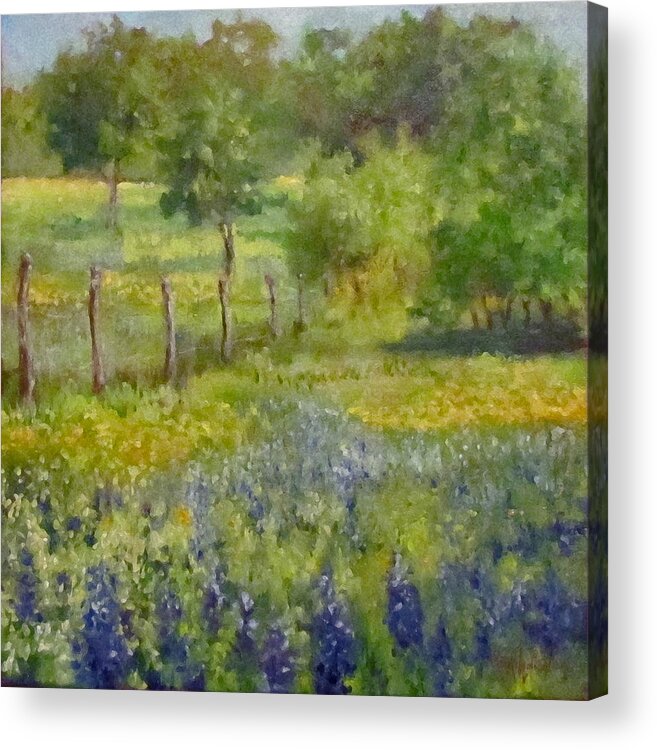 Landscape Painting Acrylic Print featuring the painting Painting of Texas Bluebonnets by Cheri Wollenberg