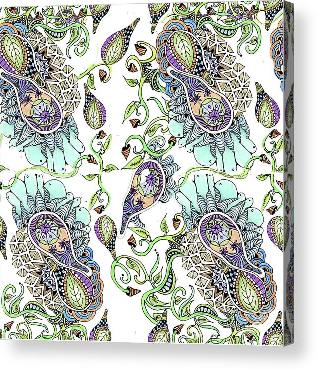 Fabric Patterns Pen And Ink Leaves Zentangles Doodles Purple And Blue Acrylic Print featuring the tapestry - textile Parameecee by Ruth Dailey