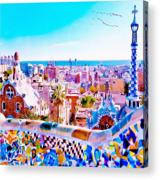 Marian Voicu Acrylic Print featuring the painting Park Guell Watercolor painting by Marian Voicu