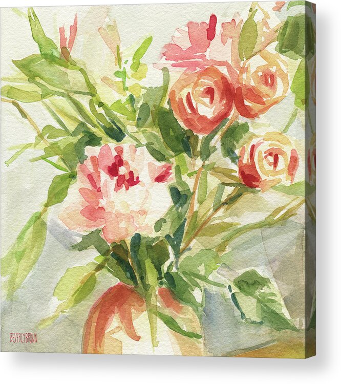Green And Orange Acrylic Print featuring the painting Peach and Yellow Carnations and Roses by Beverly Brown