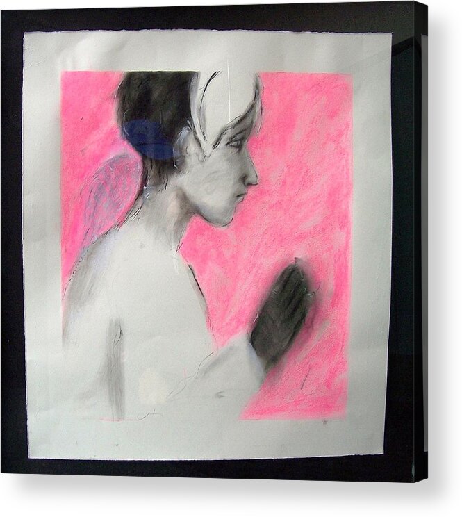 Pink Angel Folding Hands Wings Bonnet Solemn Saintly Acrylic Print featuring the drawing Pink Angel by Mykul Anjelo