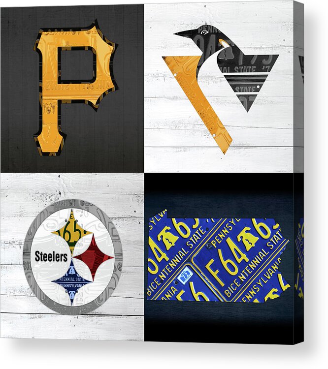 Pittsburgh Acrylic Print featuring the mixed media Pittsburgh Sports Team Logo Art Plus Pennsylvania Map Pirates Penguins Steelers by Design Turnpike