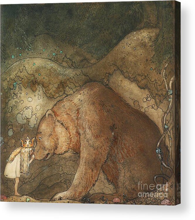 John Bauer Acrylic Print featuring the painting Poor little bear by Celestial Images