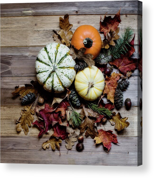 Pumpkins Acrylic Print featuring the photograph Pumpkins and Leaves by Rebecca Cozart
