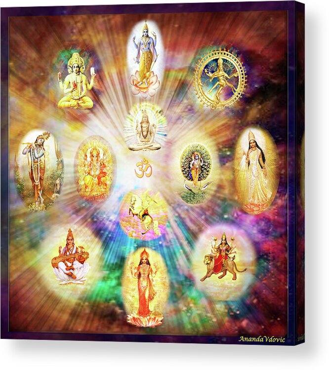 Om Acrylic Print featuring the mixed media Purnamida Purnamidam - One Divine Source for all Gods and Goddesses by Ananda Vdovic
